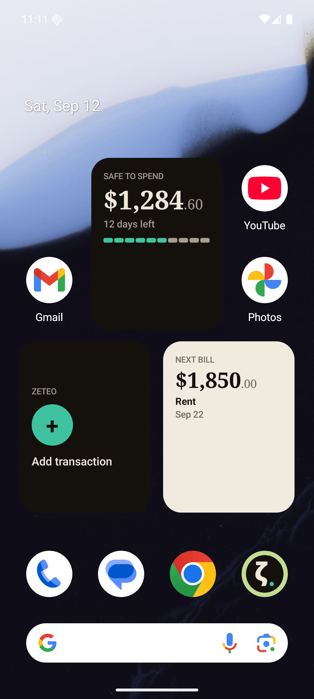 Android home screen showing three Zeteo widgets: safe to spend $1,284.60 with 12 days left, an Add transaction button, and a next bill of $1,850.00 for rent