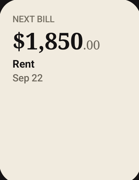 Zeteo Next Bills widget on Android showing $1,850.00 for rent due Sep 22