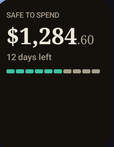 Zeteo Safe to Spend widget on Android showing $1,284.60 with 12 days left in the month