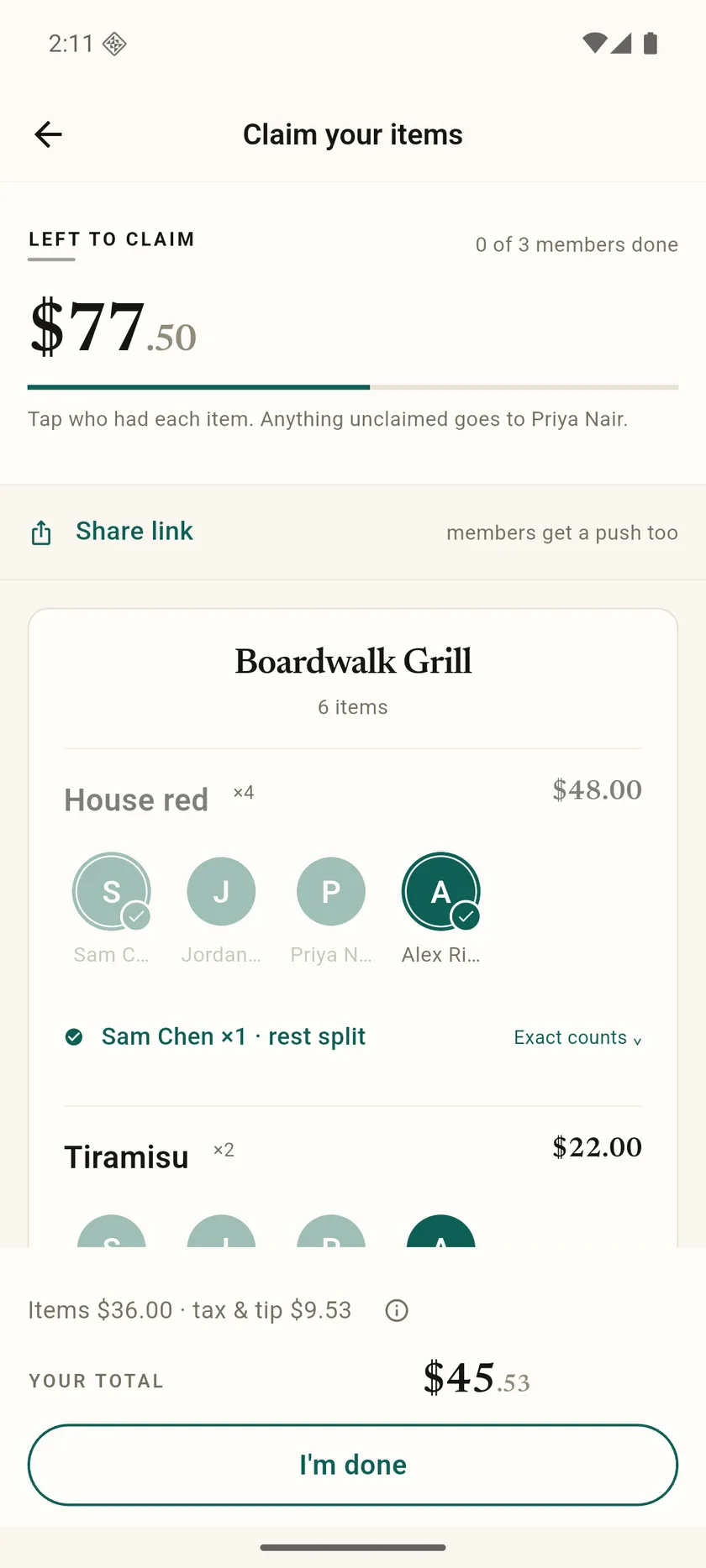 Zeteo's Claim your items screen on Android: $77.50 left to claim of a Boardwalk Grill receipt, with House red claimed by two of the four members and a running total of $45.53