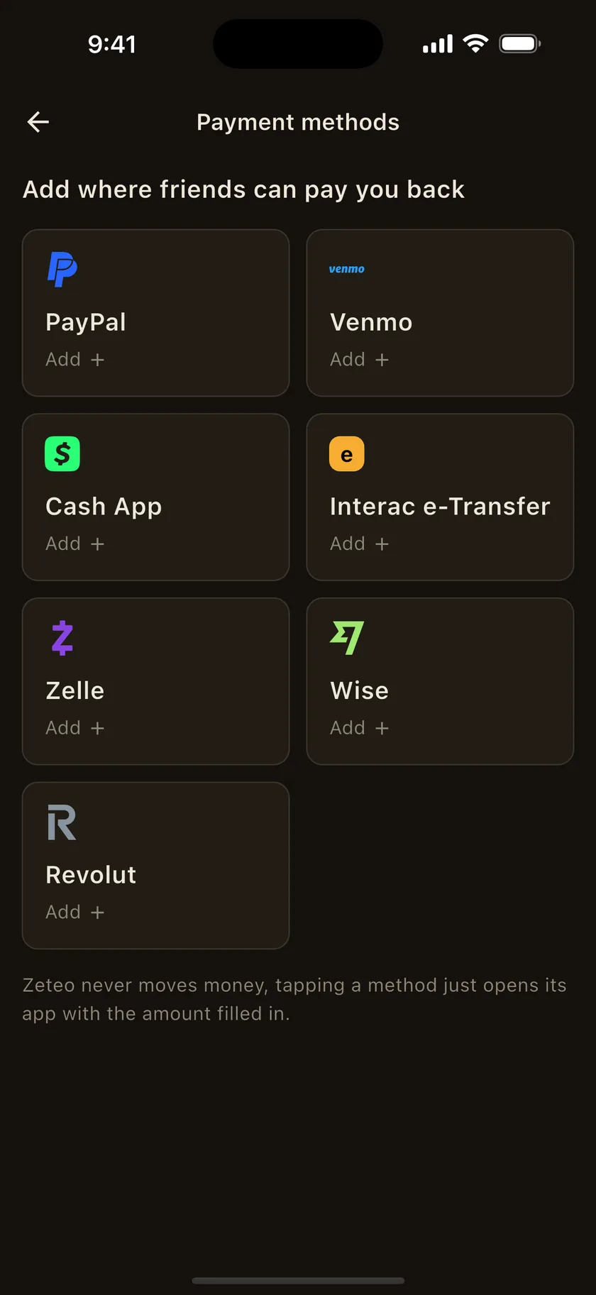 Zeteo's payment methods screen listing PayPal, Venmo, Cash App, Interac e-Transfer, Zelle, Wise and Revolut