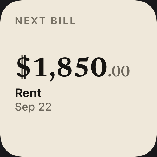 Zeteo Next Bills widget on iPhone showing $1,850.00 for rent due Sep 22