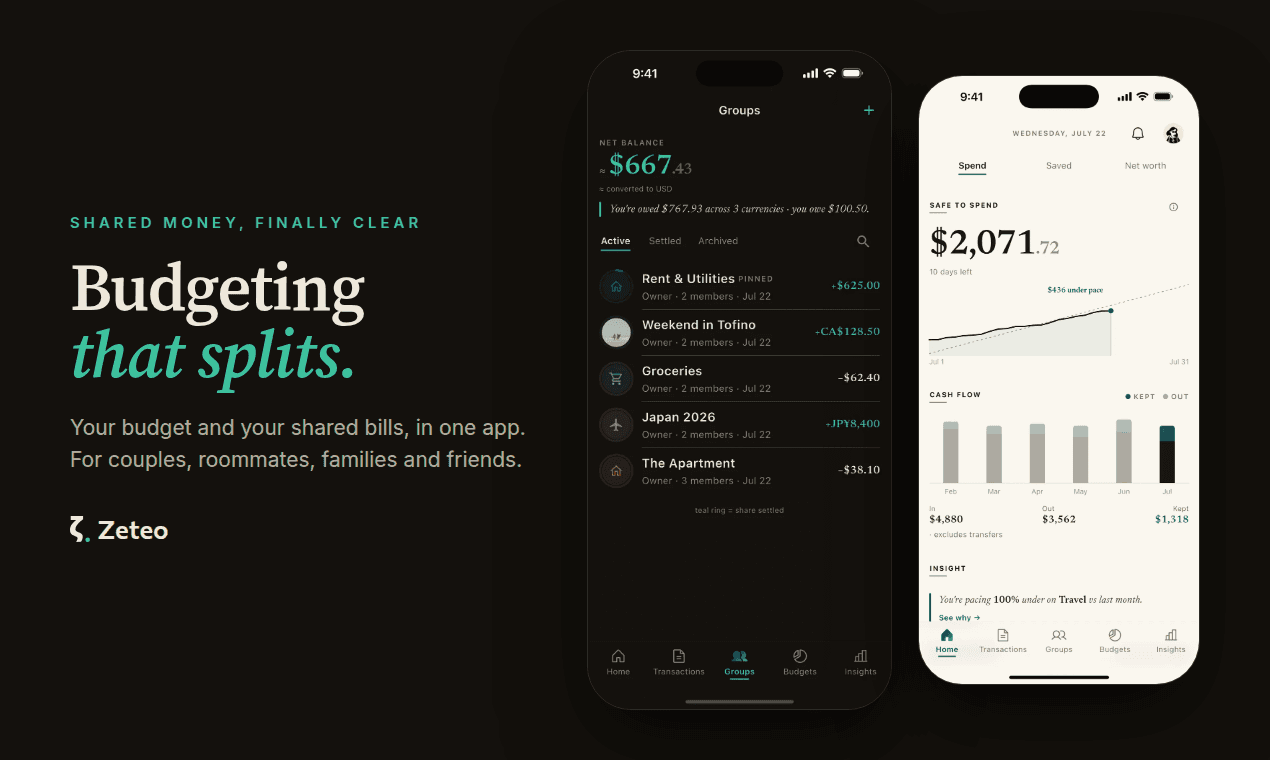 Zeteo: budgeting that splits. The Groups screen and the spend overview.