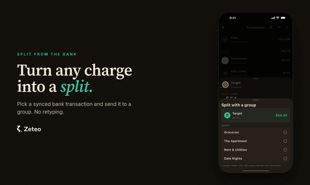 Turn any charge into a split. A synced bank charge sent to a group.