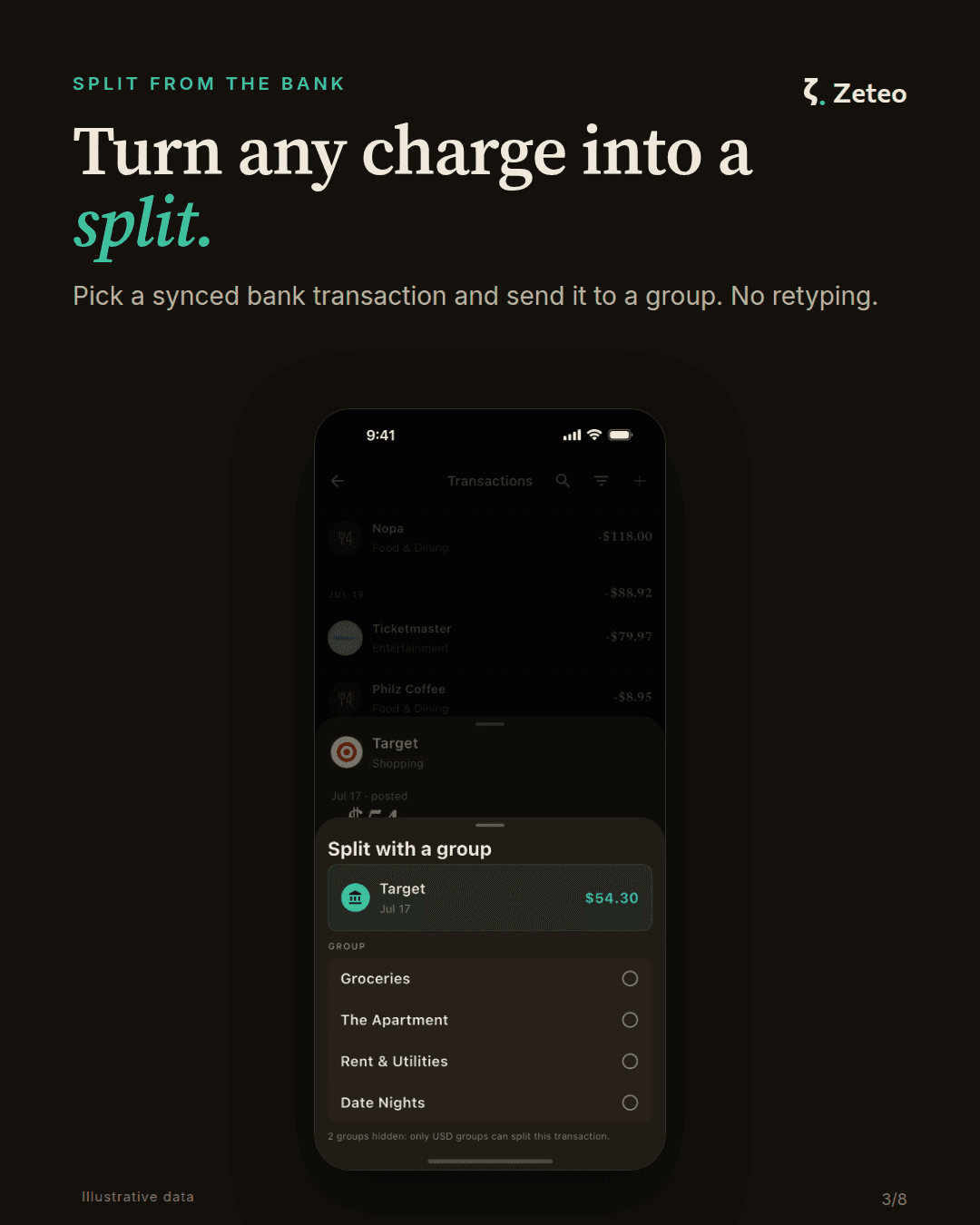 Turn any charge into a split, from the bank transaction list.